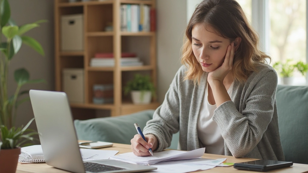 Молодая женщина изучает финансовые документы и считает расходы