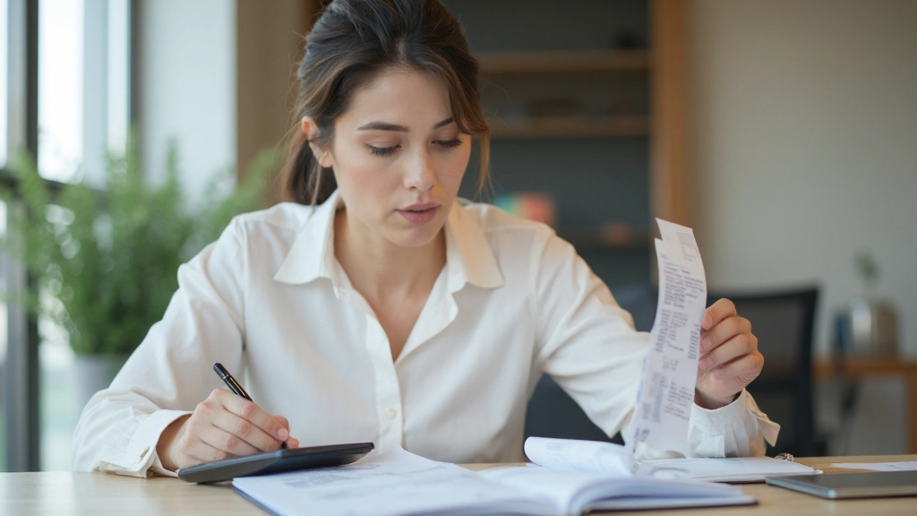 Профессиональный стол с ноутбуком, калькулятором и финансовыми документами для анализа расходов