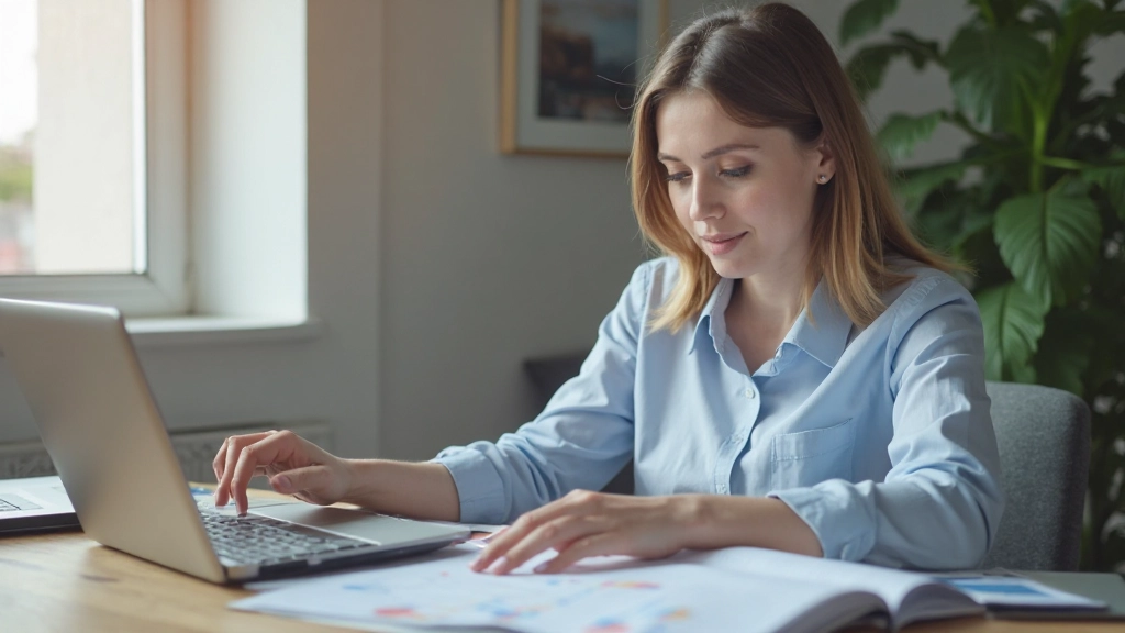 Женщина анализирует финансовые данные на ноутбуке за рабочим столом