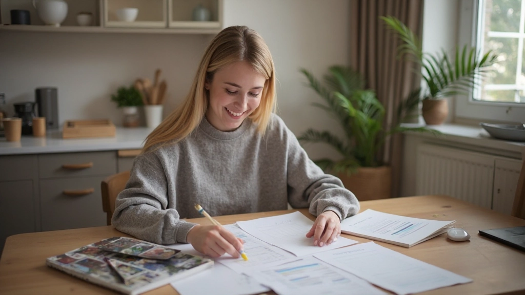 Молодая женщина изучает финансовые документы и считает расходы